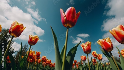 Red tulips field with blue sky and clouds background. #811571674