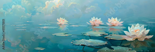 water lily dreams come true a serene blue water adorned with a variety of colorful flowers, including white, pink, and blue blooms, reflected in the calm surface
