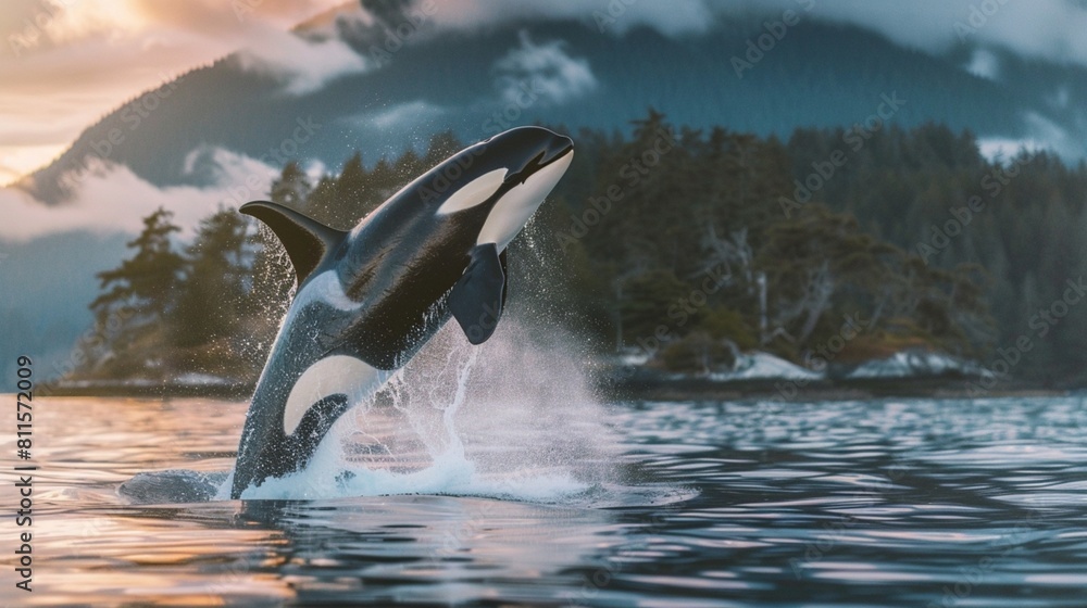 Obraz premium Bigg's orca whale jumping out of the sea in Vancouver Island, Canada