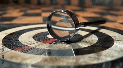 Magnifier glass centers on a target board, symbolizing the drive to achieve business objectives. Against a background and with ample copy space, it represents marketing success and strategic planning
