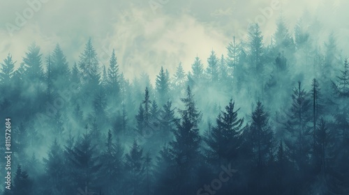 Misty landscape with fir forest in vintage retro style. Generative AI hyper realistic  photo