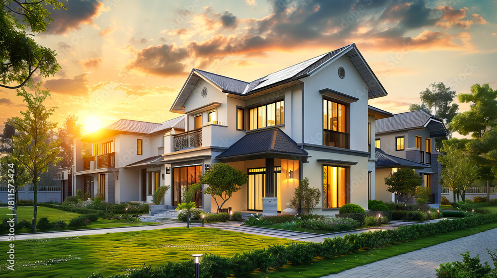 A beautiful house with sun setting in the background. A beautiful house with sun setting in the background.