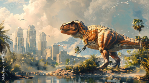 Prehistoric Dinosaur Roaming in a Modern Urban Ecosystem Observed by Paleontologists Studying Habitats in a Cinematic and Photographic Style photo