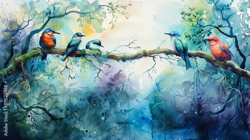 bird on a branch of a tree, watercolor painting of a forest landscape with colorful birds sitting on a tree branch © usman