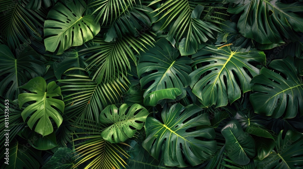 Large tropical leaves on a green background. The concept of nature. Natural background. Large tropical leaves on a green background. The concept of nature. Natural background.