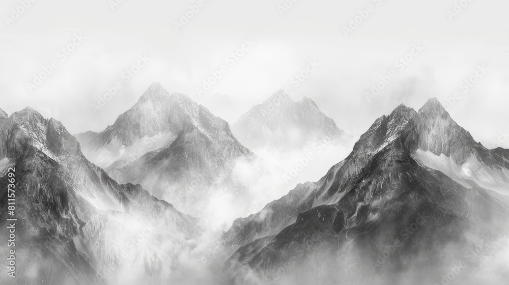 panorama of the majestic mountain range in monochrome beauty, black and white background, graphic concept with shape of valley, dark visual art, landscape with fog, panorama wallpaper, AI