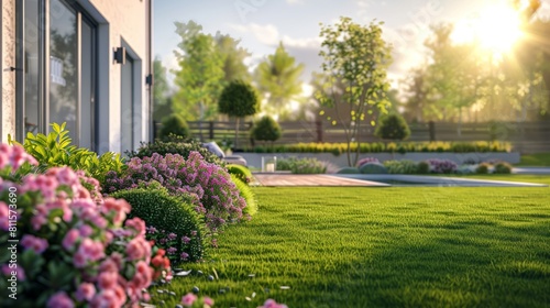 Perfect manicured lawn and flowerbed with shrubs in sunshine  on a backdrop of residential house backyard. hyper realistic 