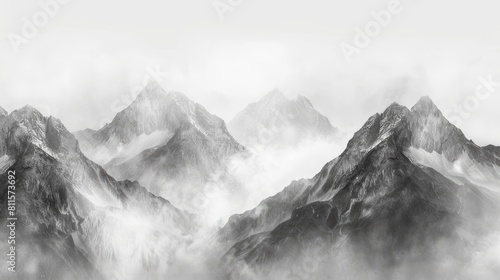 panorama of the majestic mountain range in monochrome beauty, black and white background, graphic concept with shape of valley, dark visual art, landscape with fog, panorama wallpaper, AI photo