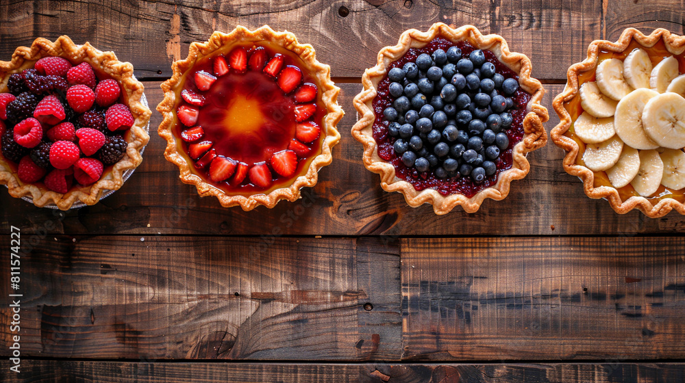 Row of diffrent summer colourful pies homemade with mix fresh berries. Healthy dessert breakfast on wooden background, top view, copy space. Bakery concept. Delicious fruit dessert. Fruit cake Row of diffrent summer colourful pies homemade with mix fresh berries. Healthy dessert breakfast on wooden background, top view, copy space. Bakery concept. Delicious fruit dessert. Fruit cake