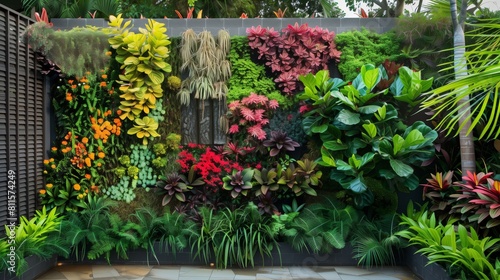 Craft a lush tropical plant wall for an exotic outdoor vibe.