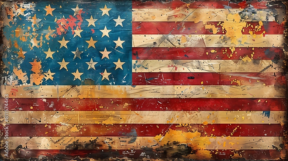 A pop art-inspired paper collage of the US flag, using brightly colored paper and graphic elements to mimic a comic book style. A pop art-inspired paper collage of the US flag, using brightly colored paper and graphic elements to mimic a comic book style.