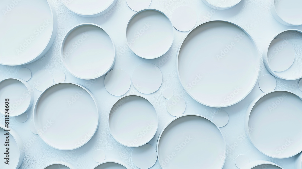 A wall of white plates with circles on it. A wall of white plates with circles on it.