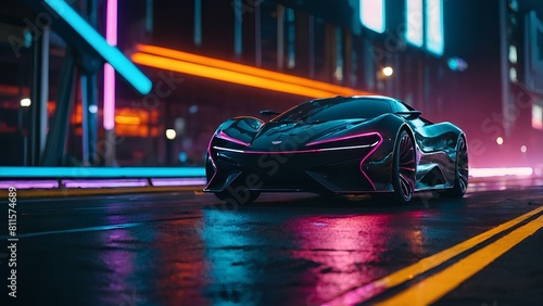 Futuristic sport car in megacity streets night. Neon lights shine. Combination of catchy blue, pink and purple colors. photo