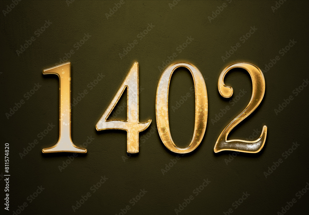 Old gold effect of 1402 number with 3D glossy style Mockup. Old gold effect of 1402 number with 3D glossy style Mockup.