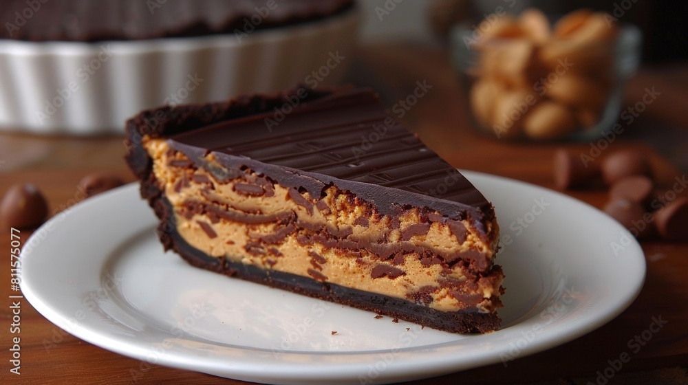 Gourmet Chocolate Peanut Butter Pie Slice on White Plate Gourmet Chocolate Peanut Butter Pie Slice on White Plate
