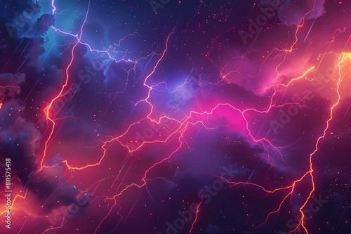 Blue and pink lightning in the night sky. 