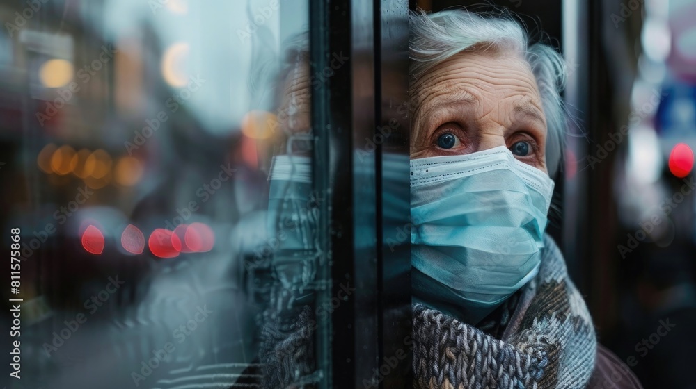 Senior woman wearing protective face mask and looking through window