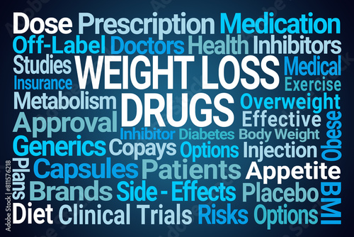 Weight Loss Drugs Word Cloud on Blue Background