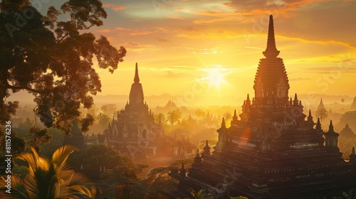 Sunset view of Prambanan Temple, one of the largest Hindu temples in Java Indonesia. 4K, UHD hyper realistic 