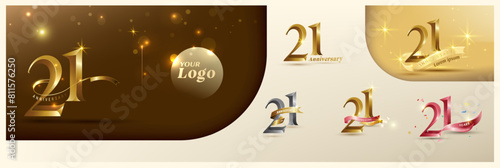 21st anniversary logotype modern gold number with shiny ribbon. alternative logo number Golden anniversary celebration