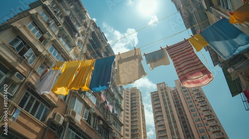 several different kind of Clothes drying outside, an assortment dresses and shirts fluttering on a string across a bustling urban balcony, high-rise buildings © Carlos Palacio M.