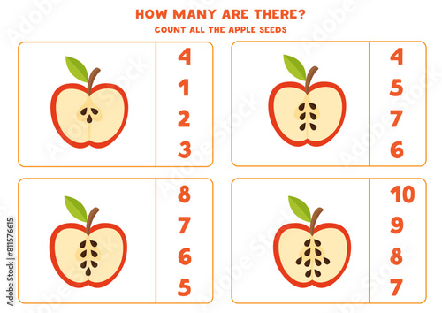 Count all apple seeds and circle the correct answers.