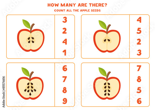 Count all apple seeds and circle the correct answers.