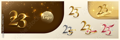 23rd anniversary logotype modern gold number with shiny ribbon. alternative logo number Golden anniversary celebration