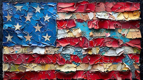 A vibrant paper collage of the US flag, crafted from torn pieces of red, white, and blue paper arranged in a dynamic layout on a canvas background.