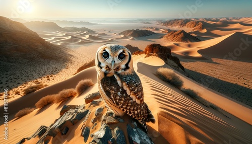 Image of a desert owl in its natural desert habitat, captured with a wide-angle lens. The owl is perched prominently, photo