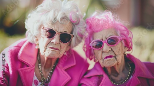 Two older women dressed in pink and wearing sunglasses. In the style of vibrant and textured. Candid moments captured hyper realistic 