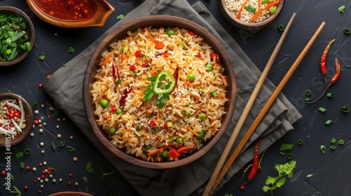 Popular Indo Chinese Dish Schezwan Fried Rice Masala Served with Chopsticks and Traditional Accompaniments photo