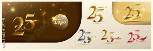 25th anniversary logotype modern gold number with shiny ribbon. alternative logo number Golden anniversary celebration