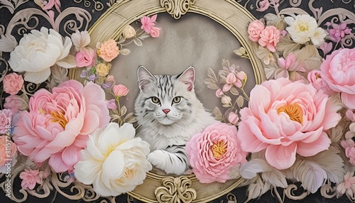 花に囲まれたフレームの中の猫 photo