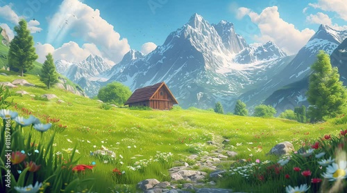 House on a sunlit grassfield on a sunny day. Serene countryside bliss.
Seamless looping 4k time-lapse virtual video animation background. Generated AI