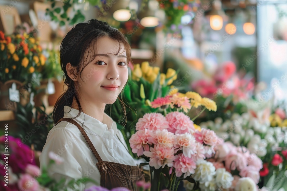 花屋で働く日本人女性フローリスト（転職・花束・アレンジメント）