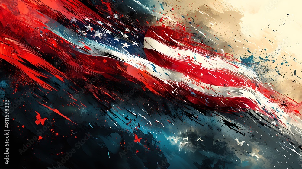 An abstract comic style US flag, with fragmented panels of red, white, and blue, overlapping and intersecting in a dynamic layout. An abstract comic style US flag, with fragmented panels of red, white, and blue, overlapping and intersecting in a dynamic layout.