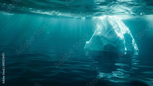 An impressive, large white iceberg is visible both above and underwater, highlighting the dramatic effects of global warming on glaciers.