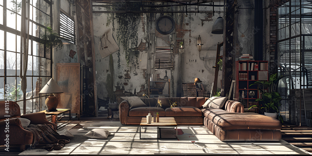 Mismatched furniture for an eclectic living room. Large spacious loft room in dark colors in the rays of sunlight with big window inside of a house. 
