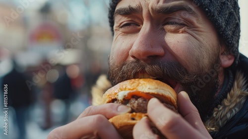 Young man eating burger outdoors close up Street food being enjoyed by bearded man hyper realistic 