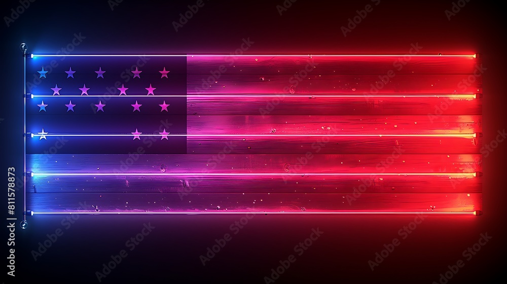 An abstract neon representation of the US flag, with neon tubes artfully arranged to form the stars and stripes, glowing intensely against a stark black background. An abstract neon representation of the US flag, with neon tubes artfully arranged to form the stars and stripes, glowing intensely against a stark black background.