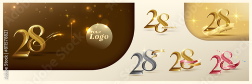 28th anniversary logotype modern gold number with shiny ribbon. alternative logo number Golden anniversary celebration