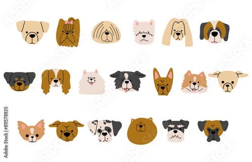 Dog heads collection 2 cute on a white background, vector illustration.