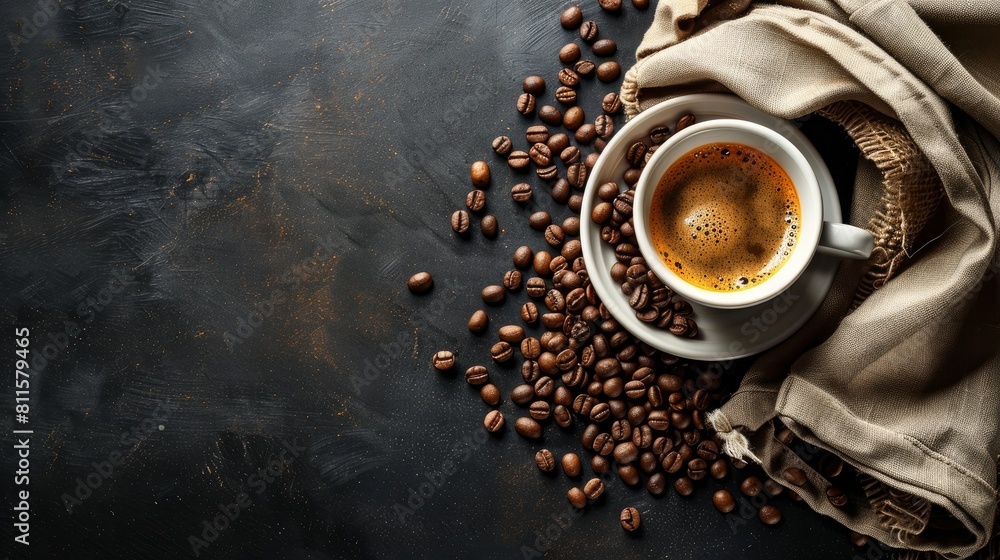 Top view of a steaming cup of coffee alongside a sack filled with coffee beans Top view of a steaming cup of coffee alongside a sack filled with coffee beans