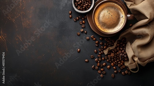 Top view of a steaming cup of coffee alongside a sack filled with coffee beans