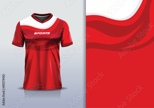 Sport jersey template mockup wave abstract design for football soccer, racing, gaming, running, red white color