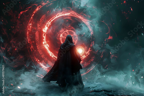 Sinister Sorcerer Wielding Glowing Orb of Blood Magic in Corrupted Ritual Circle with Swirling Mists of Eldritch Power and Ominous Runes