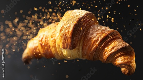 An eye-catching image of a deliciously fresh baked croissant captured in mid-fall against a dramatic black background