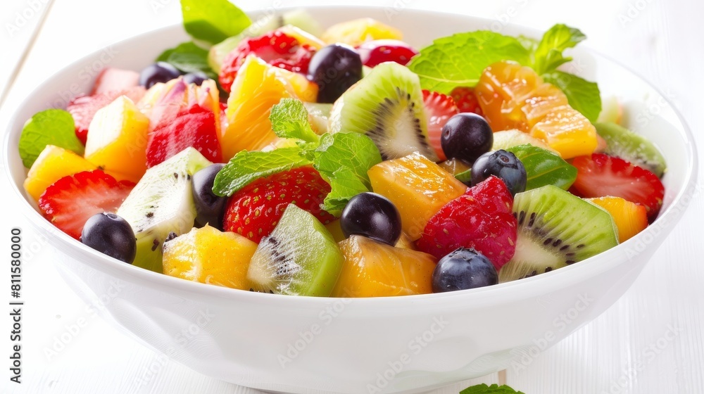A vibrant and colorful fresh fruit salad, beautifully arranged to showcase a variety of textures and flavors from seasonal fruits A vibrant and colorful fresh fruit salad, beautifully arranged to showcase a variety of textures and flavors from seasonal fruits