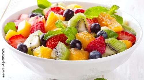  A vibrant and colorful fresh fruit salad, beautifully arranged to showcase a variety of textures and flavors from seasonal fruits
